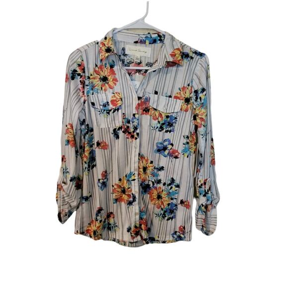 French Laundry Striped Floral Spring Ivory Button Front Long Sleeve Top Small - Picture 2 of 13